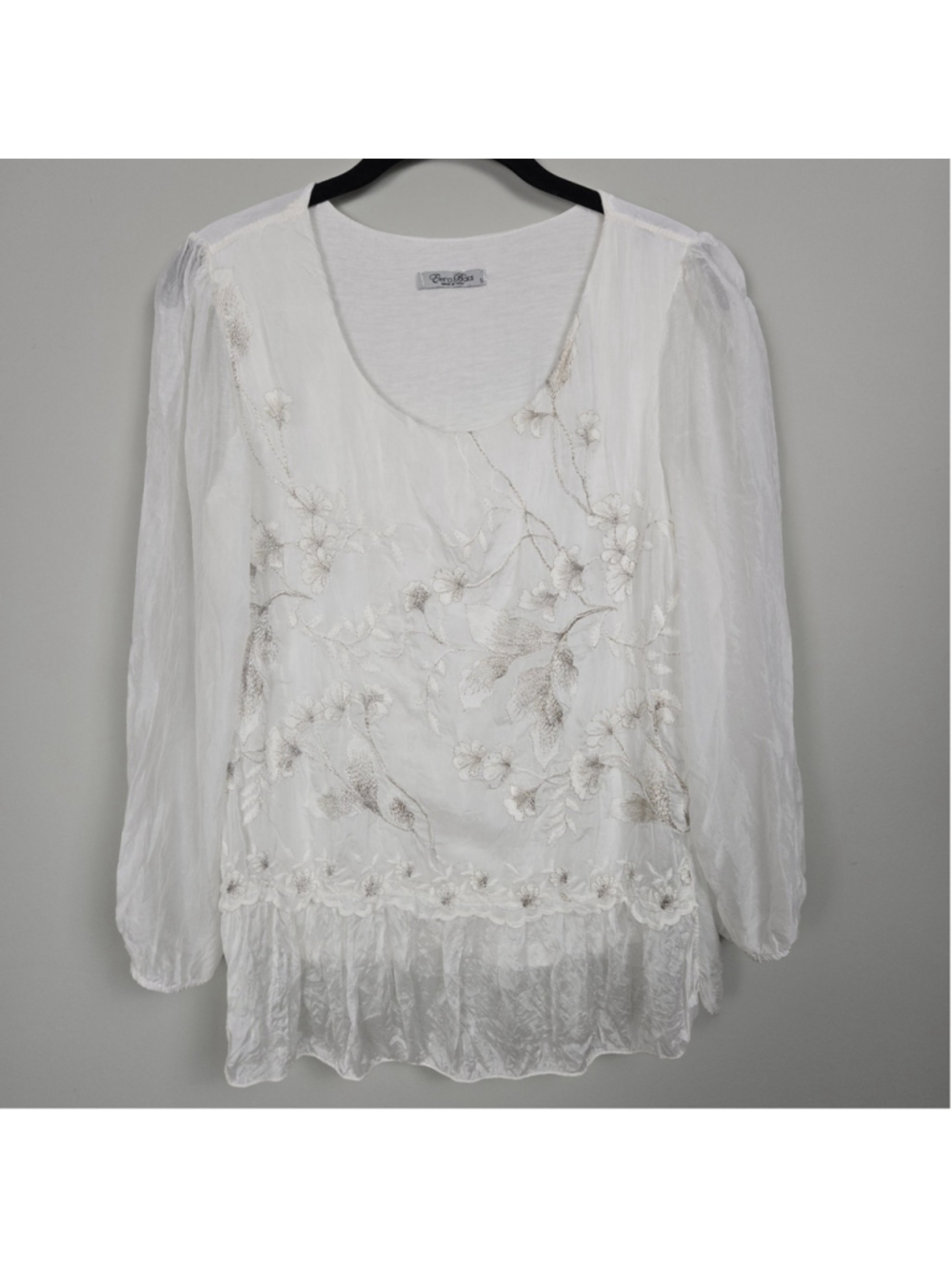 Elena Baldi Womens Floral Embroidered Silk Sheer Top Small White Whimsical Fairy